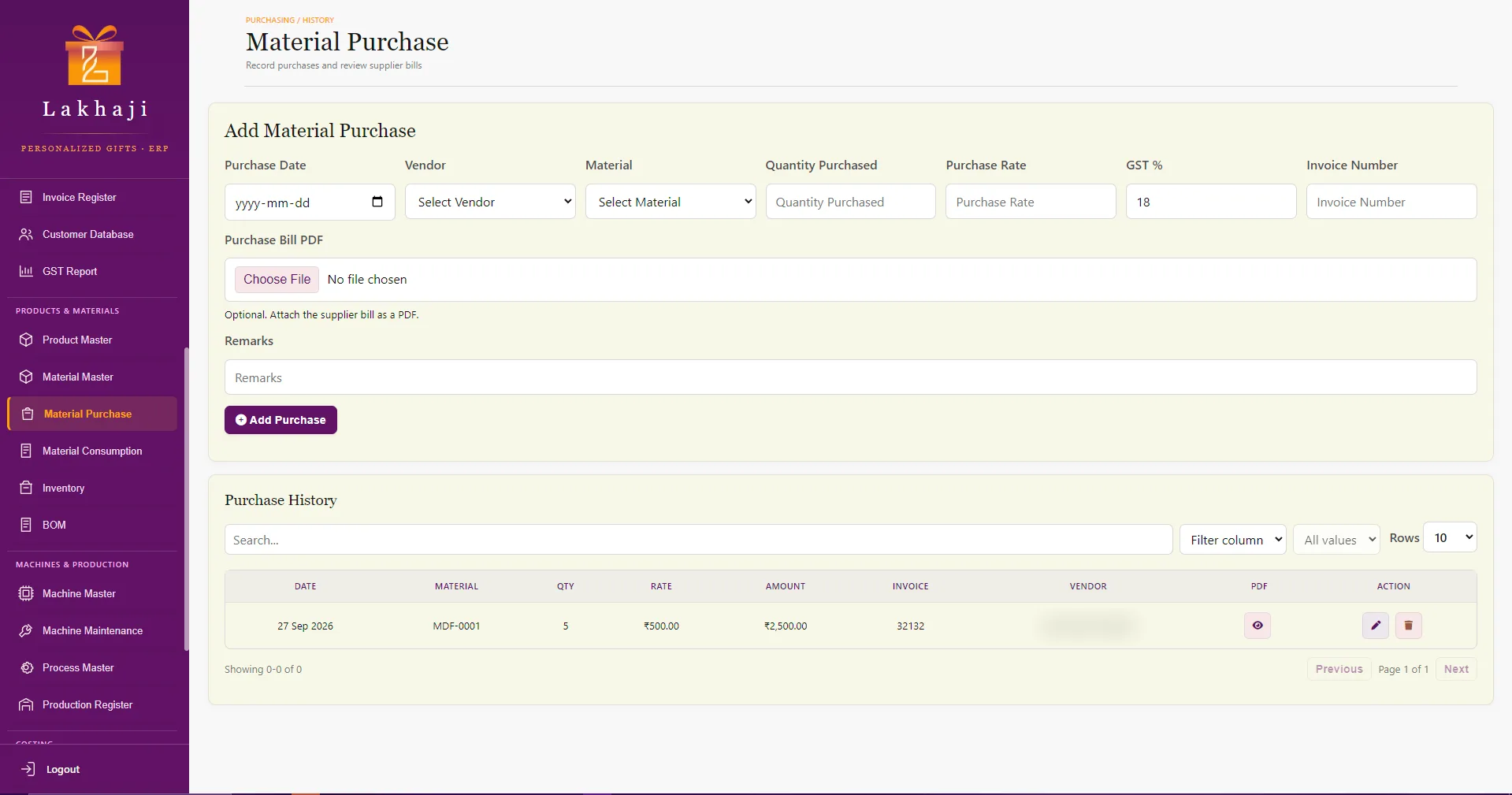 Material purchase form with vendor, material, quantity, rate, GST and invoice number, above the purchase history table. (Sample data.)